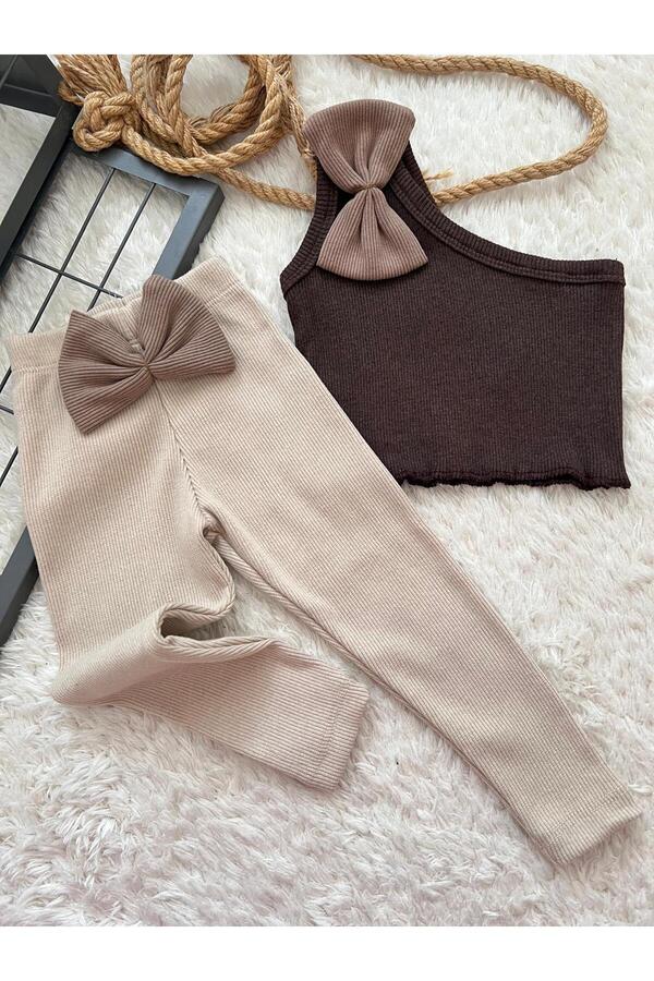 BAHNUR BEBEK ÇOCUK KAHVERENGi TEK KOL CROP ETEK VE BANDANA SETi TAKIMI