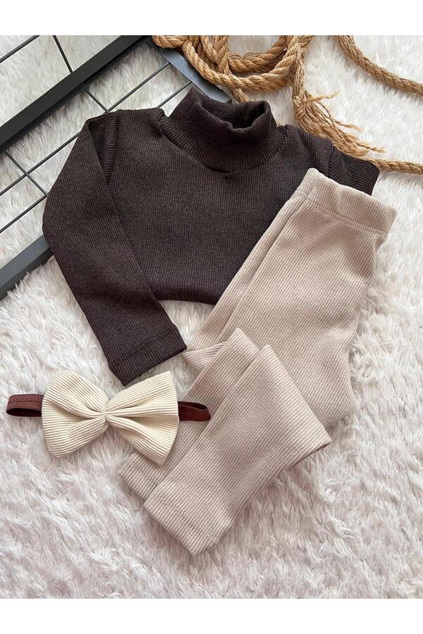 BAHNUR KAHVERENGi BEBEK ÇOCUK TAYT BLUZ BANDANA TAKIMI SETi ALT ÜST TAKIM