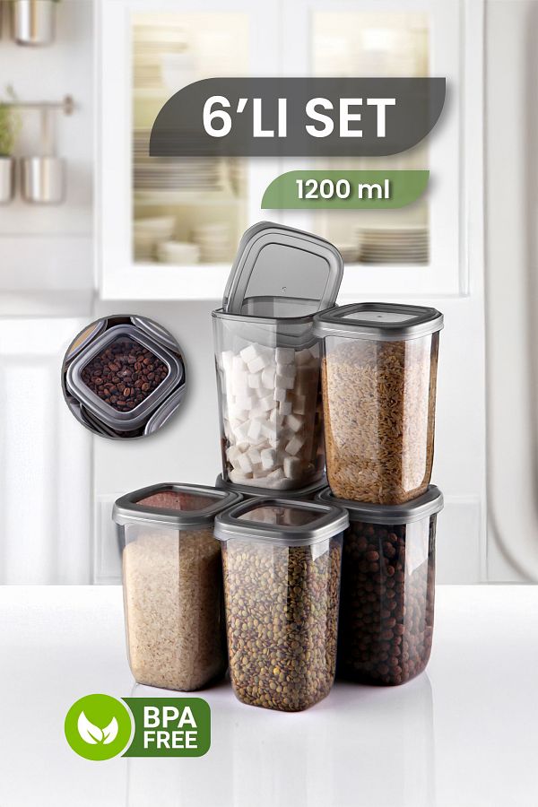 MYBOX-Set of 6 Square Food Storage Containers - Multi-Purpose Pulses Storage Box with Leakproof Lid - 1200 ml 1