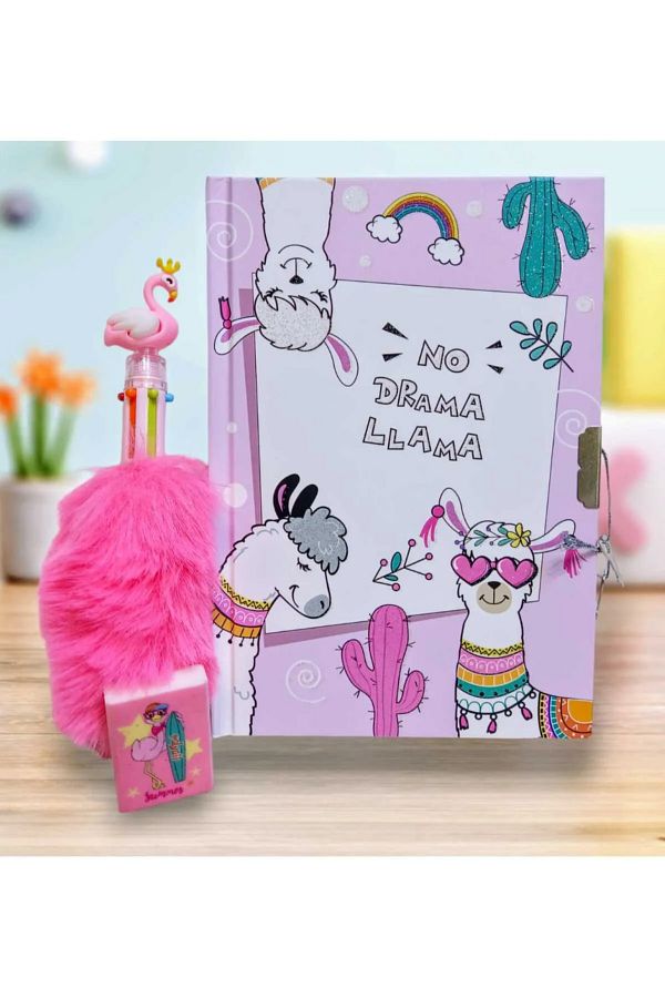 ÇİLEKHOMEAVM-Lama Locked Souvenir and Diary Notebook-Flamingo Feather Pen-Eraser 1