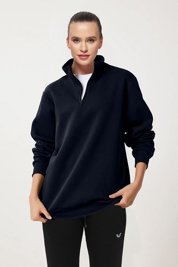 bilcee-Peak Women's Navy Blue Oversize Zippered Collar Sweatshirt 7012 1