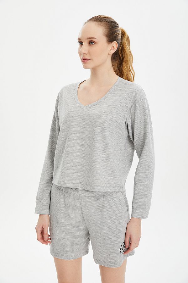 bilcee-Set pantaloni scurți pentru femei, gri Melange, cu textura moale, 0736 1