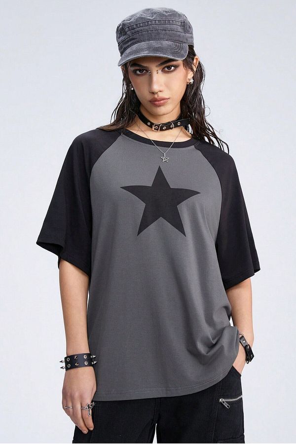 Know-Unisex Smoked Raglan Sleeve Crew Neck Star Printed Oversize T-Shirt 1