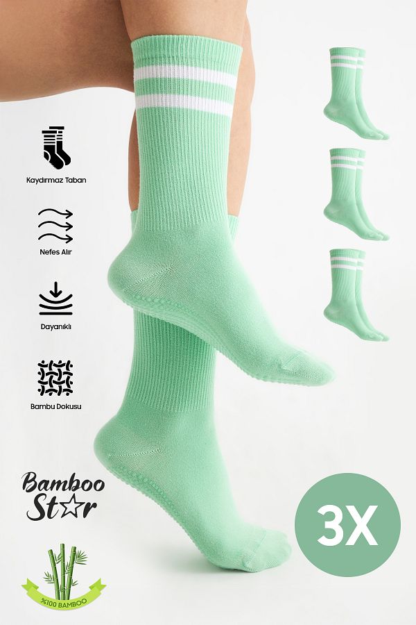 bamboo star-Bamboo Women's Green Non-Slip Sole Silicone Print Yoga Fitness Pilates Ballet Dance Tennis Socks 3-Pack 1