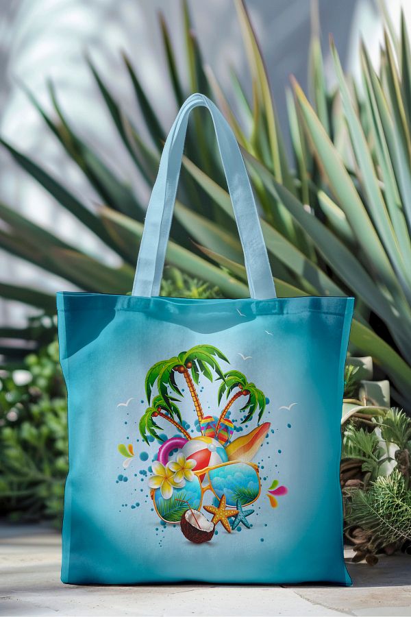 AYSHOME-Ays Home Turquoise Palm Patterned Washable Zippered Cloth Beach Bag 1