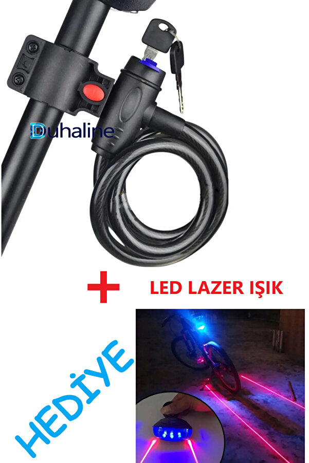 DUHALINE Çelik Kilit Bisiklet Motosiklet Kilidi + Lazer LED Işık HEDİYELİ Scooter ve Bebek Arabası İçin Uygun