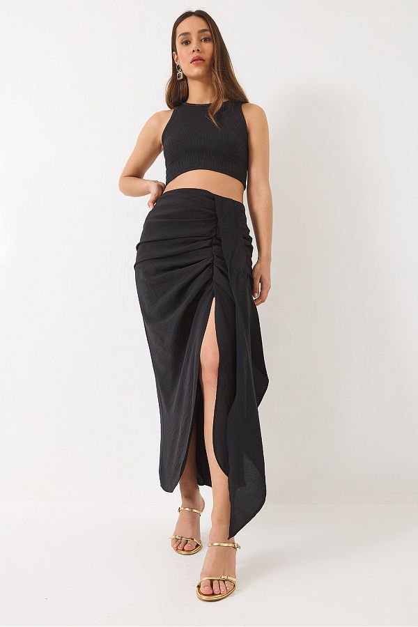 Bianco Lucci-Women's Back Gathered Slit Detailed Lined Skirt 241041 60282011 1