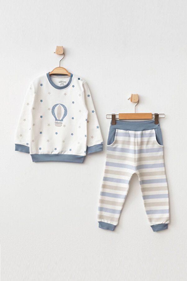 Aziz Bebe Erkek Bebek Yıldız Balon Desenli Sweatshirt Pantolon 2 'li Alt Üst Bebek Takımı 3 Ay- 36 Ay