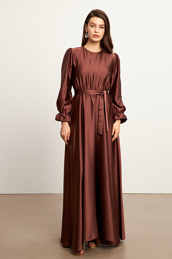 VAVİNOR Liza Belted Satin Dress Brown- Trendyol