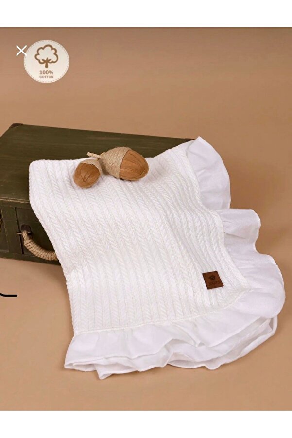 JUNİPERUS Fırfırlı Ekru Bebek Pikesi & Battaniye Oeko-Tex Sertifikalı %100 Pamuk