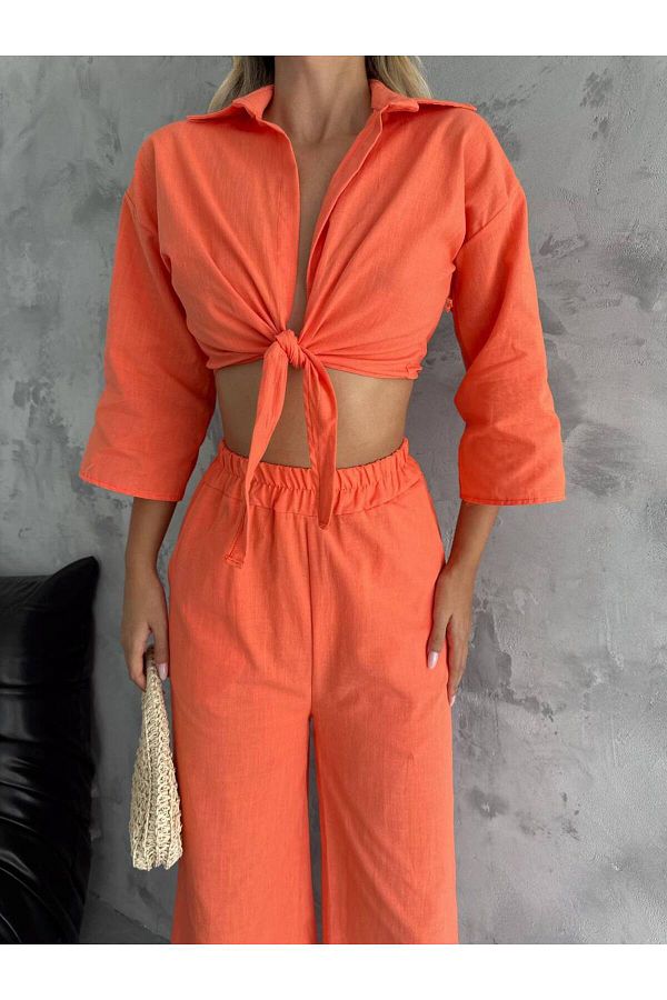 Enie-Women's Orange Linen Crop Shirt Pants Beach Set 1
