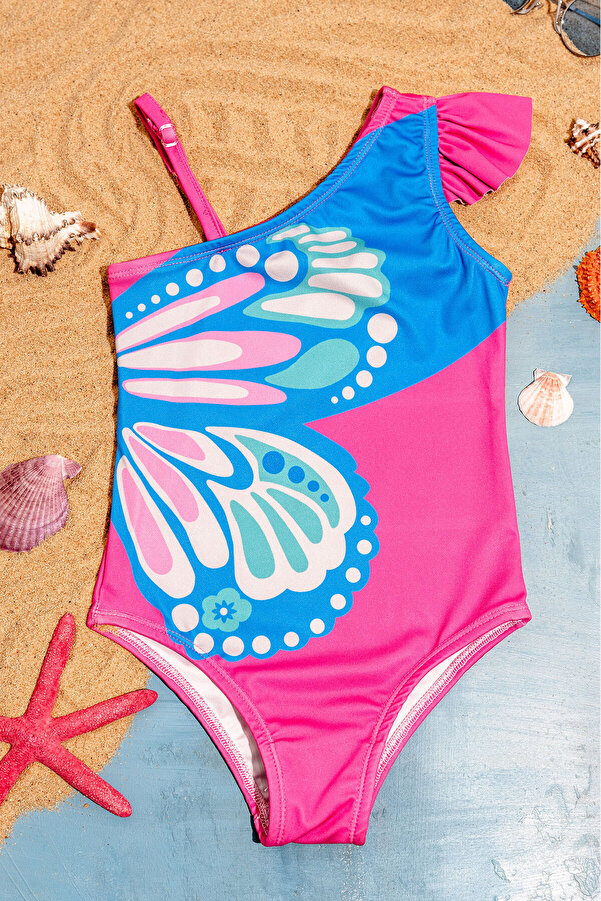 Beniizle Tek Omuzlu Kelebek Desenli Kız Çocuk Mayo