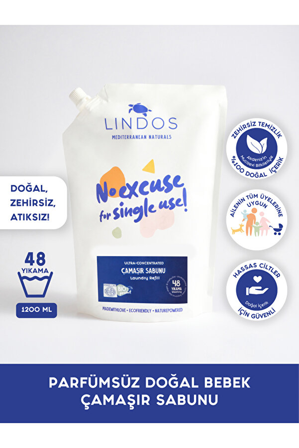 Lindos Doğal Bebek Çamaşır Sabunu %100 Bitkisel Parfümsüz Baby Ekonomik 48 Yıkama 1.2l