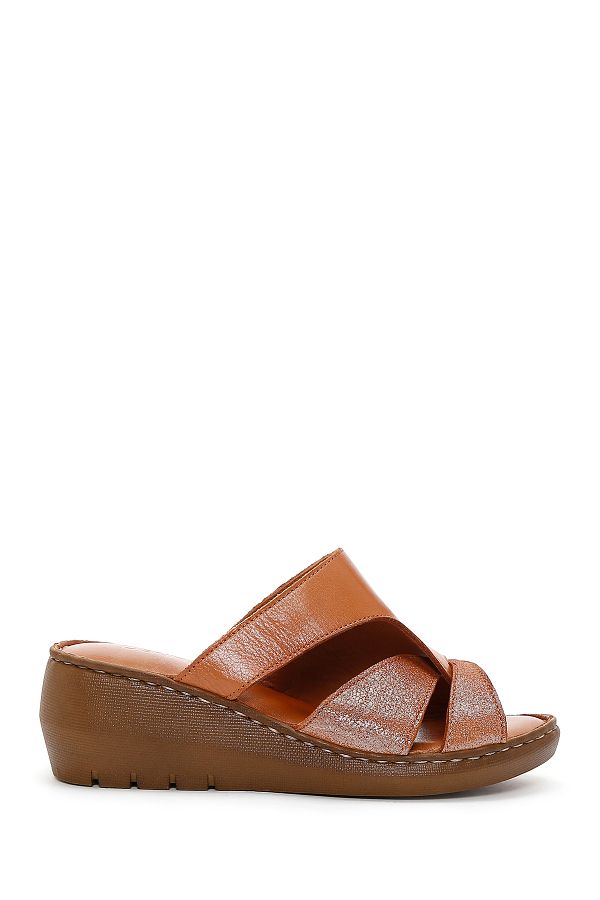 Derimod-Women's Tan Wedge Heeled Leather Comfort Slippers 25Sfd 320218 1