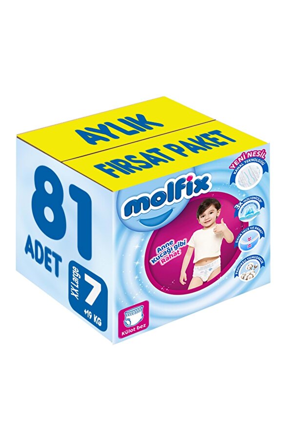 Molfix Külot Bebek Bezi Beden:7 (19+KG) XX Large 81 Adet Aylık Fırsat Pk