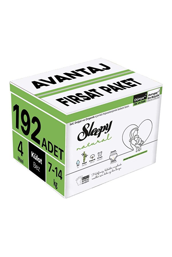 Sleepy Külot Bebek Bezi Natural Beden:4 (7-14KG) Maxi 192 Adet Avantaj Fırsat Pk