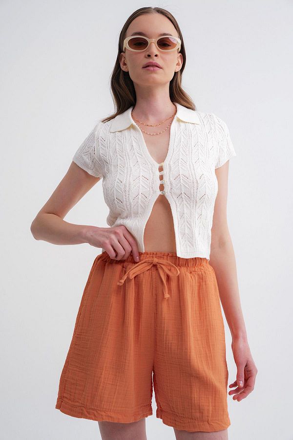 Mixray-Women's Elastic Waist Muslin Shorts - Orange 1