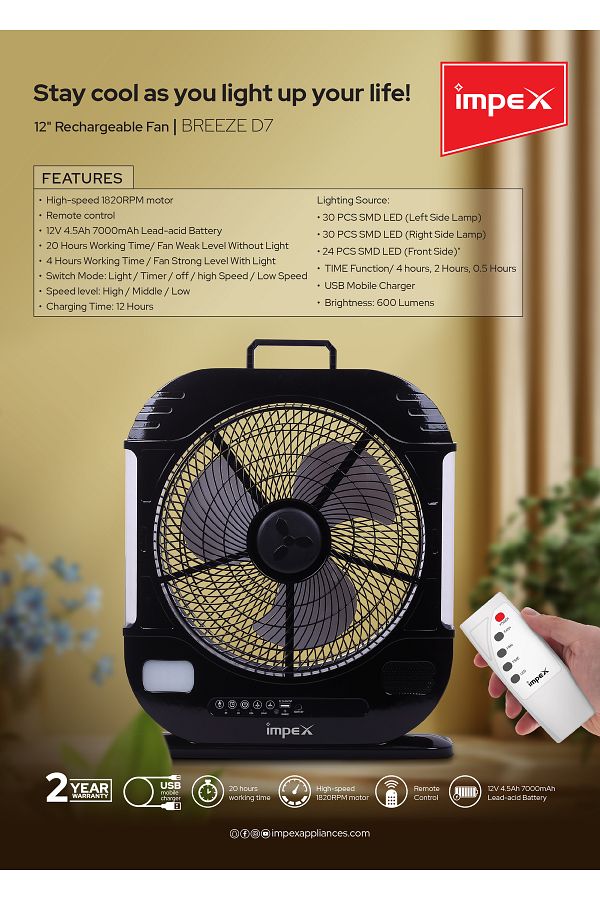 İMPEX-IMPEX 12" RECHARGEABLE FAN (BREEZE D7) 1