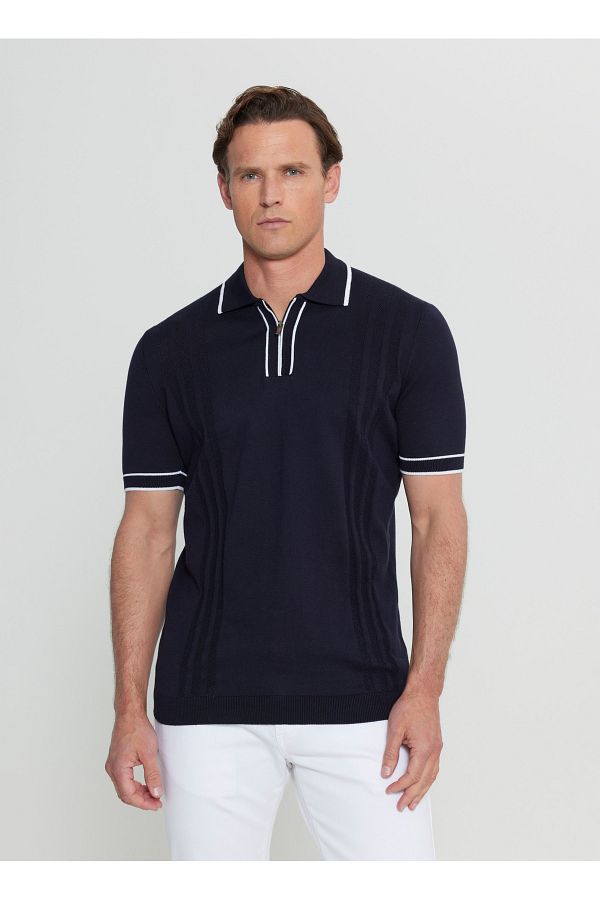 ALTINYILDIZ CLASSICS-Altınyıldız Classics Polo Collar Standard Navy Blue Men's Sweater Ace072252046_Lac 1