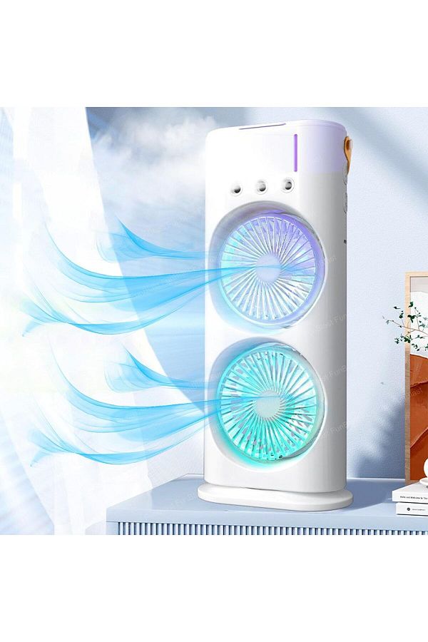 Primo Plus-مروحة رش محمولة مزدوجة الأطراف: مروحة مكتب تبريد صغيرة قابلة لإعادة الشحن عبر USB مع رذاذ الماء 1