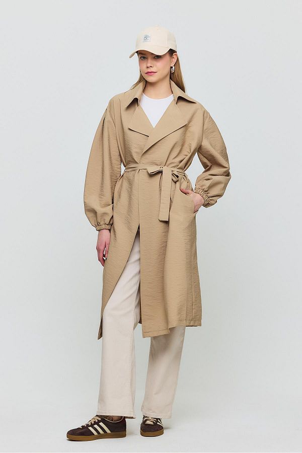 Rays-Belted Sleeve Elastic Trench Coat with Mink 4579A Model 1