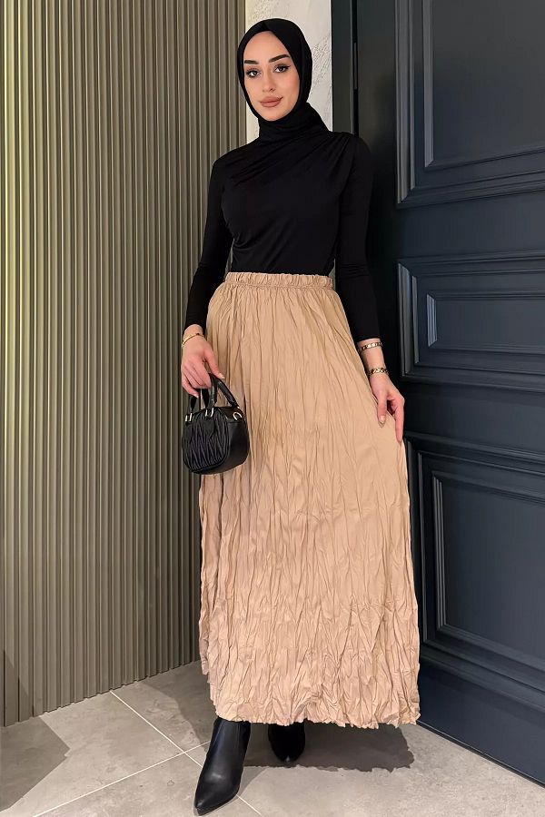 julude-Beige Elastic Waist Crinkle Voile Hijab Skirt 1