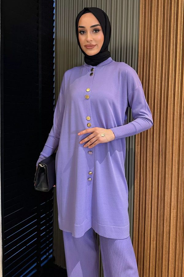 julude-Lilac Women's Gold Button Detailed Hijab Knitwear Cardigan 1