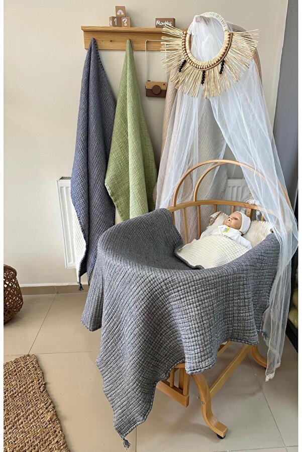 YASEMİNİNEVİ Gri Renk Müslin Bebek Yorganı Müslin Bebek Yatak Örtüsü