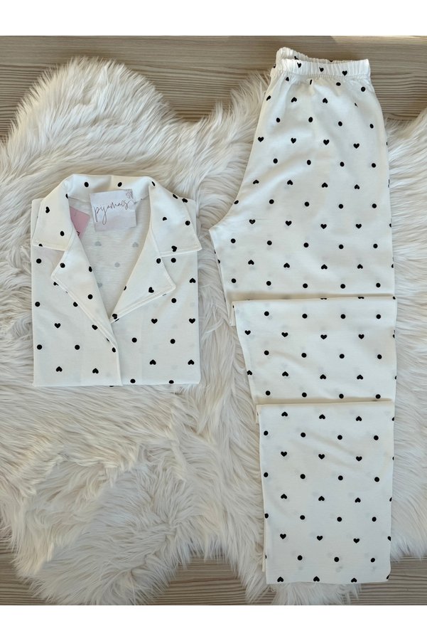 Pijamacs White Polka Dot and Heart Pattern Cotton Short Sleeve Shirt Collar Pajamas Set