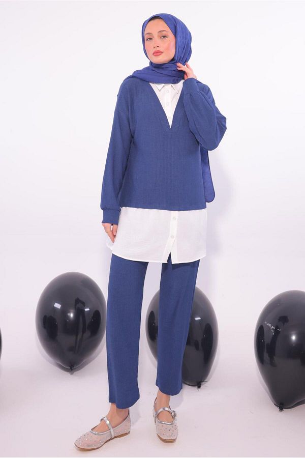 TRENDTESETTÜR-Women's Blue Shirt with Garnished Pants Suit t 6174 1