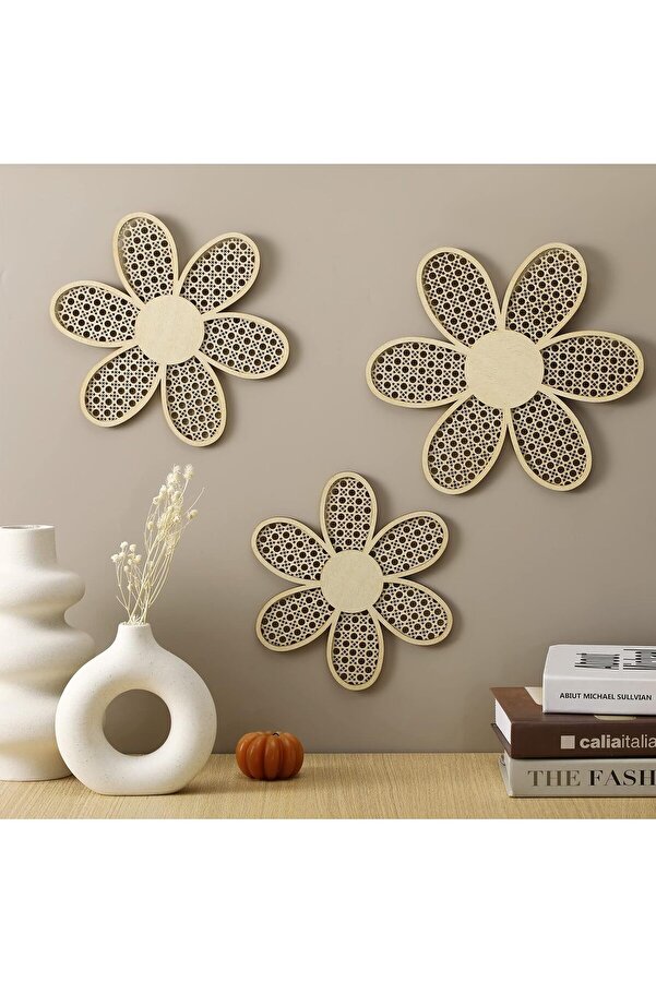 Genel Markalar 3'Lü Set Papatya Hazeran Ahşap Rattan Kapı Bebek Odası Kapı Duvar Süsü Dekorasyon