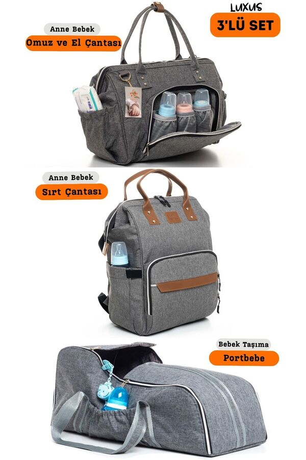 sahra bebek 3’lü Büyük Taşıma Seti (BEBEK BAKIM OMUZ VE SIRT ÇANTASI, PORTBEBE)