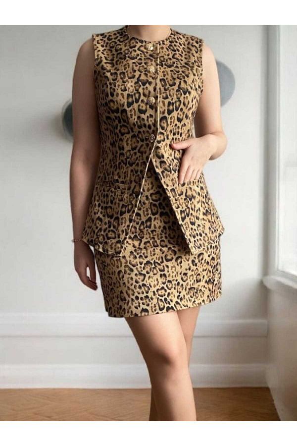 FK PYNAPPEL-Design Leopard Gold Buttoned Vest & Mini Skirt Set 1