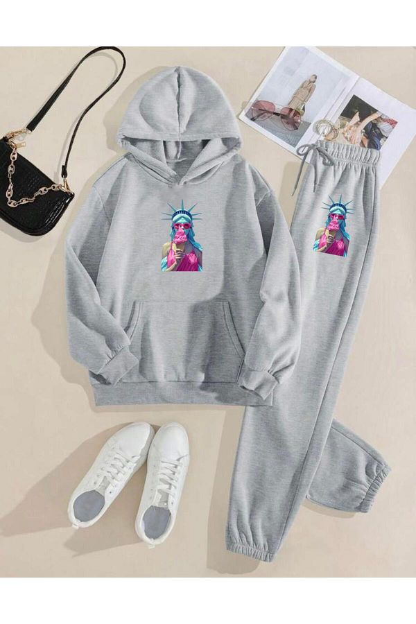 RPT MODA-Oversized Freedom Print Detail Hooded Kangaroo Pocket Double Set Tracksuit Bottom and Top 1