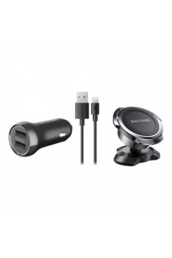RavPower-RAVPower Combo 17W Dual-Port Car Charger + 1m iPhone Cable + Magnetic Car Mount 1