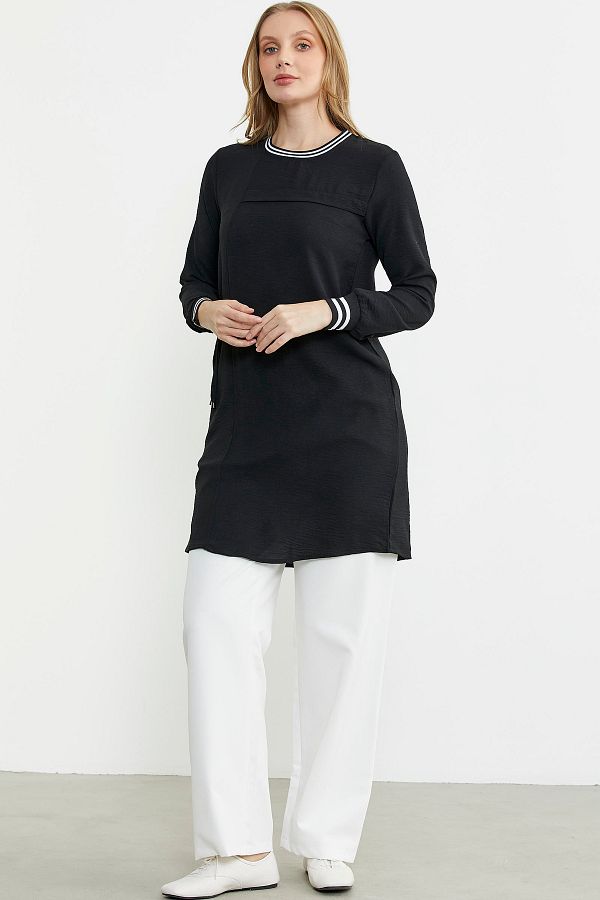 Sementa-Long Sleeve Crepe Ribbed Tunic - Black 1