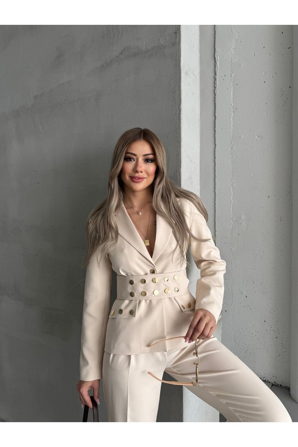 HOEK Women's Cream Belted Jacket Pants Suit