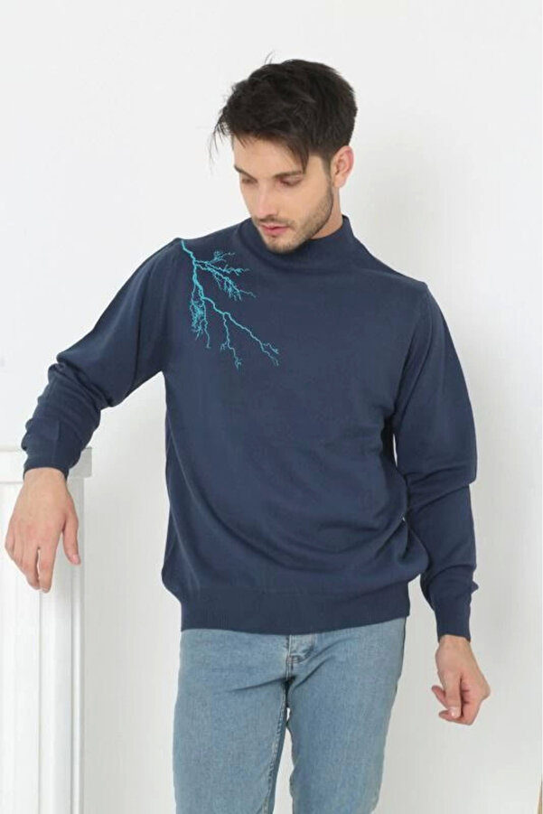 pilelistore Yarım Boğazlı Baskılı Dokuma Triko - Indigo