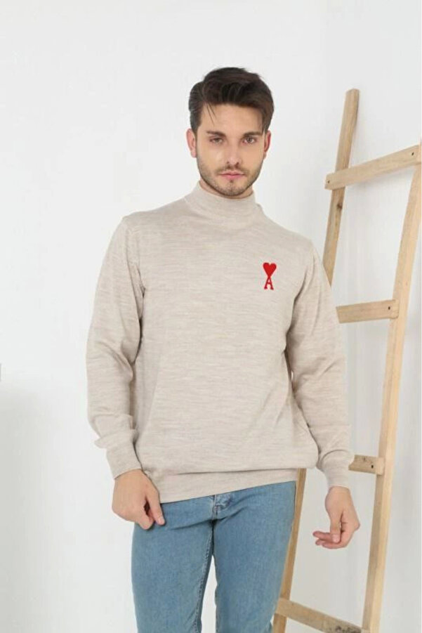 pilelistore Erkek Yarım Bağazlı Kazak Baskılı Dokuma Triko - Bej
