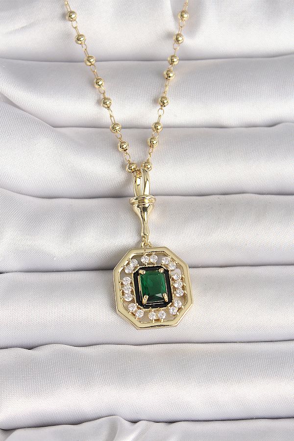 TRENDMEN-316L Steel Gold Color Heel Chain Green Stone Seranay Model Women's Necklace 1