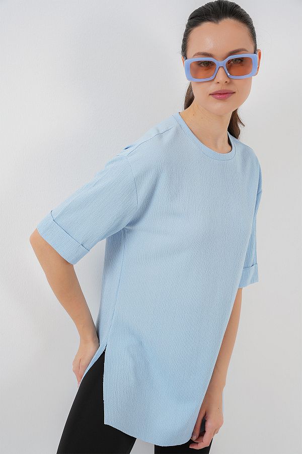 Bigdart-Blue 4332 Knitted T-Shirt with Side Slits 1