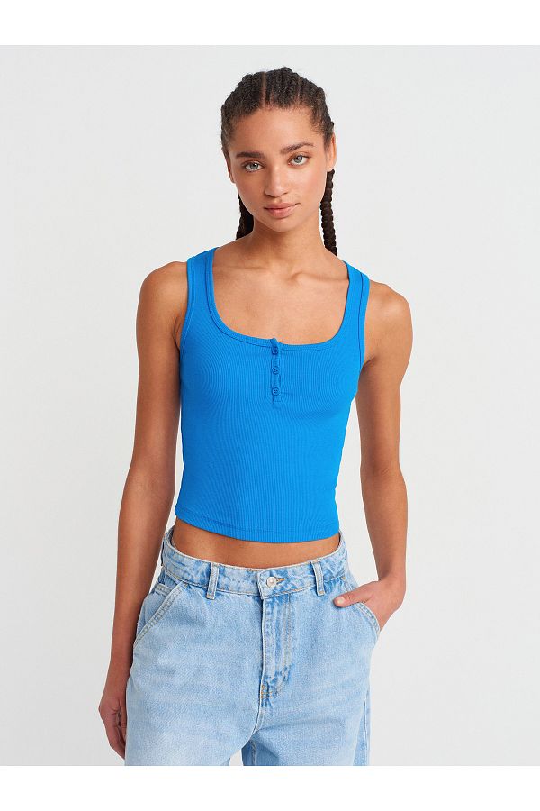 Dilvin-20983 Buttoned Square Collar Top-Sax 1