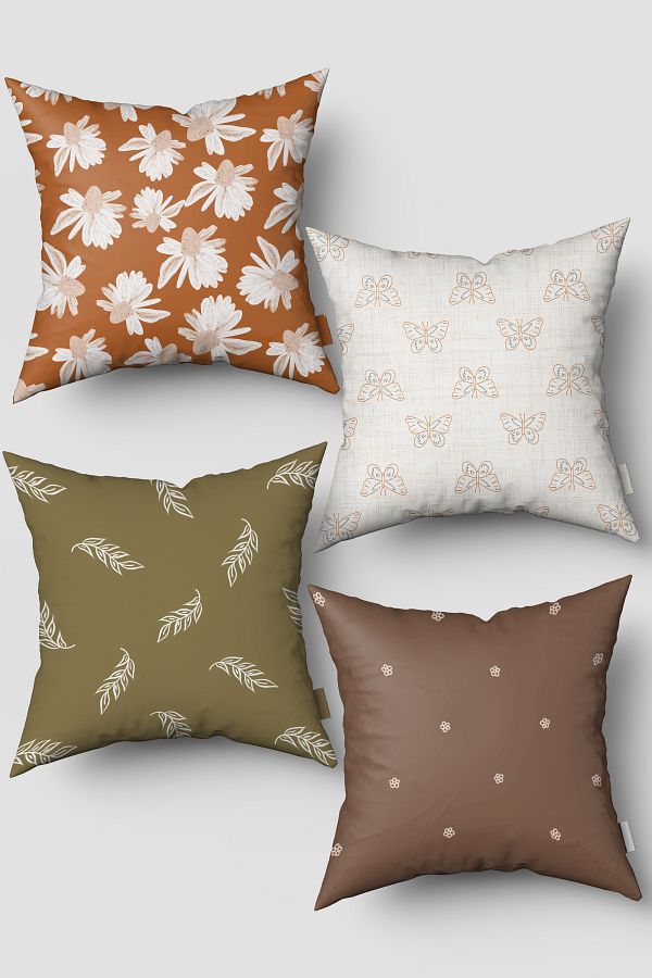 EsnafAli-Brown Cream Butterfly Leaf Patterned Set of 4 Throw Pillow Cases 1