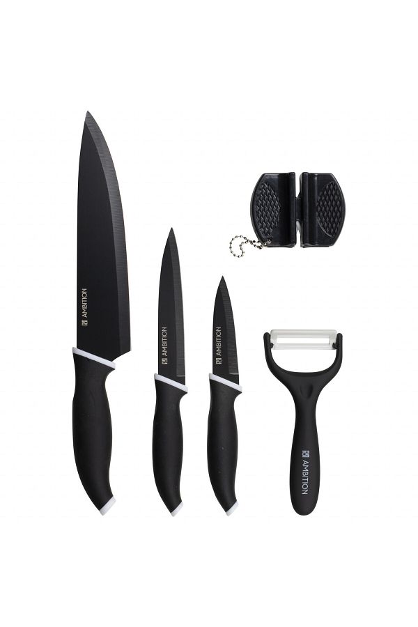 Ambition-Knife set, 5 pieces, includes sharpener and peeler, black, Elementi 1