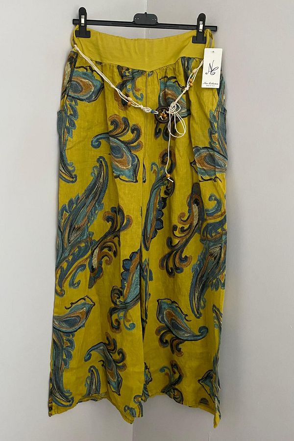 AYASOFYA OTANTIK-Women's Italian Yellow Rope Belt Detailed Loose Wide Leg Linen Trousers with Side Pockets 1
