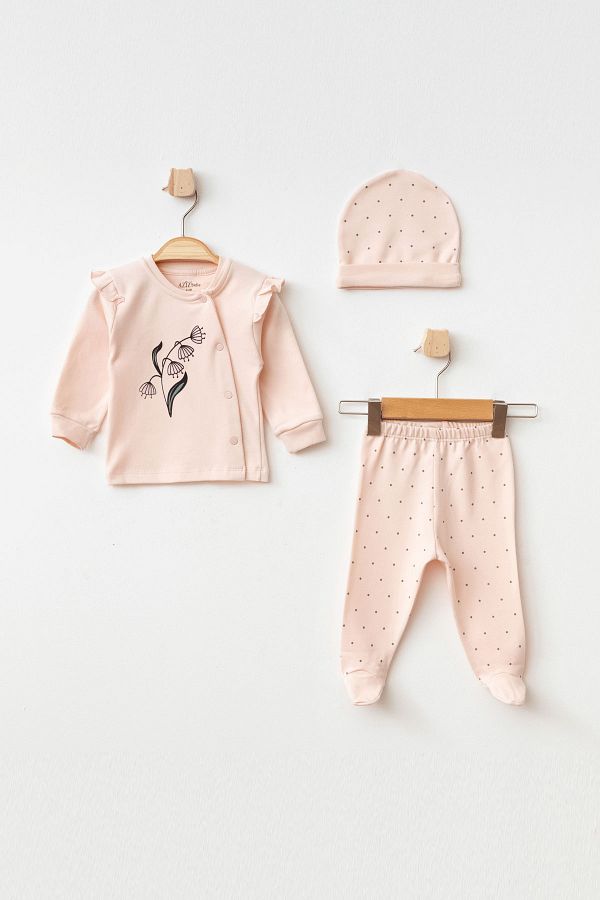Aziz Bebe-Baby Girl Floral Patterned Bodysuit, Trousers, Beret, 3-Piece Bottom and Top Baby Set 0 Months - 6 Months 1