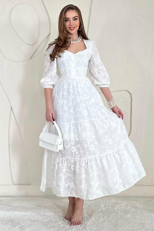 Elbee Fashion Woman White Embroidery Dress - Buttoned