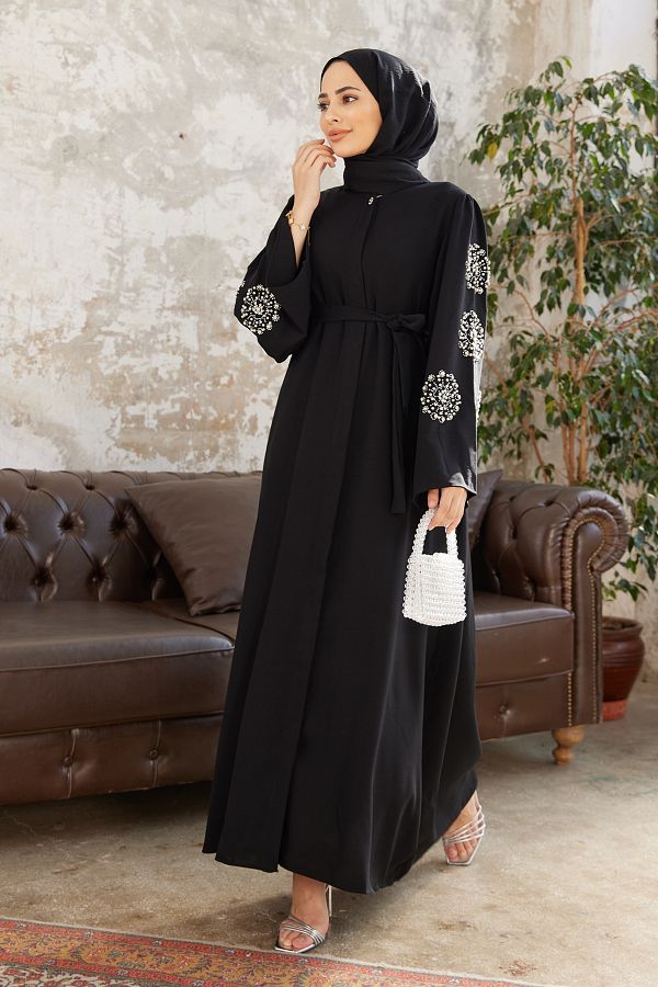 VAVİNOR-Liva Stone Abaya cu mâneci - Negru 1