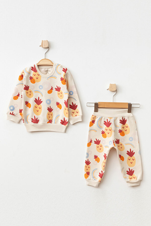 Aziz Bebe Kız Bebek Ananas Desenli Sweatshirt Pantolon 2 'li Alt Üst Bebek Takımı 3 Ay-36 Ay