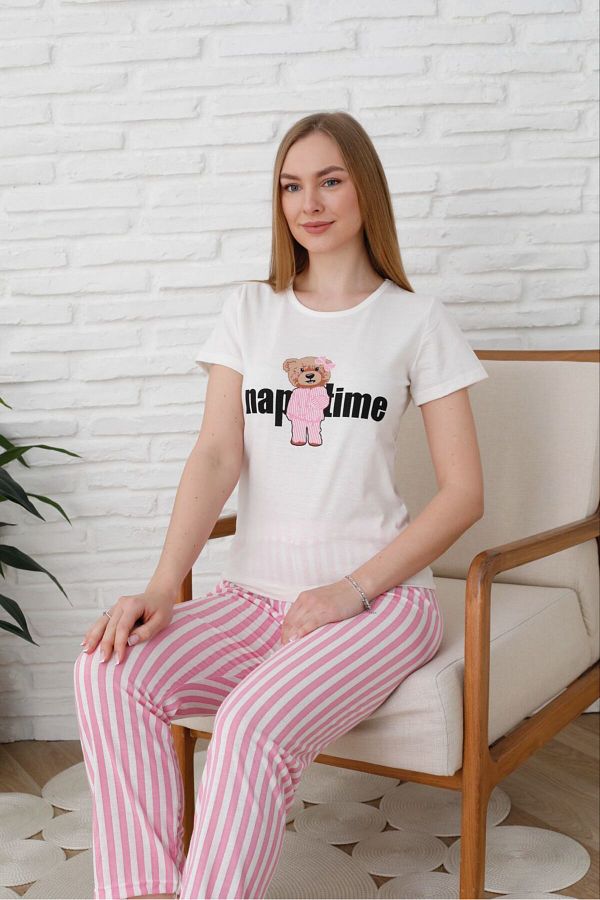 MİRELLA-Set de pijamale de vară din țesătură din bumbac pieptănat, cu mâneci scurte, cu dungi roz, imprimate Naptime 1